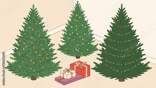 Three christmas trees with decorations and gifts under them, creating a festive and cozy atmosphere in a room with a neutral background