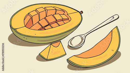 Illustration of a ripe papaya cut in half with a spoon and a slice, showcasing its vibrant orange flesh and tropical sweetness