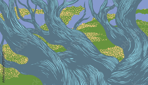 Layered forest illustration inspired by Japanese woodcut art. Features textured, curving tree trunks with a background of green ground and speckled yellow and peach foliage, flowers.