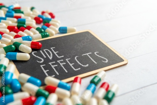 Murais de parede Close-up of a small chalkboard with the words Side Effects surrounded by colorful pills