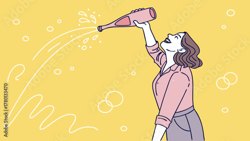 A delighted woman celebrates by shaking a champagne bottle, creating a bubbly splash of joy and excitement against a vibrant yellow backdrop