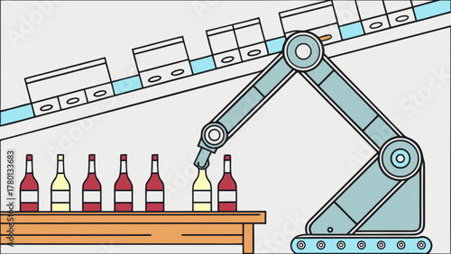 An automated robotic arm placing wine bottles on a conveyor belt, showcasing modern manufacturing and automation in the beverage industry