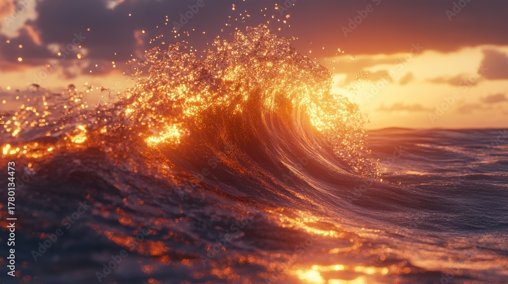 Fototapeta premium Golden sunrise ocean wave, dramatic sunset, ocean surf