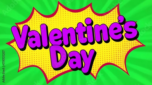Pop Art Valentine's Day Text in Comic Speech Bubble on Green Halftone Background