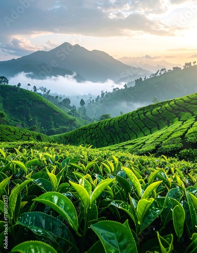Lush, emerald-green tea plantation cascades down rolling hills towards a distant mountain, shrouded in misty clouds. Early sunlight casts a warm glow