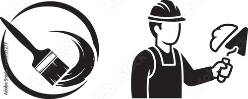 Minimalist Black Vector Icons Depicting Building and Painting Services