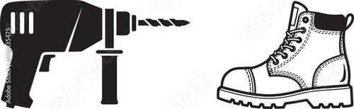 Simple Line Art Vector Icons of Drill and Safety Boot