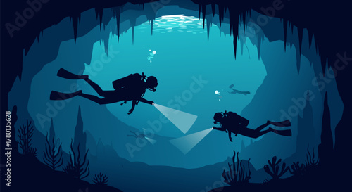 Underwater Cave Exploration Divers with Flashlights in Blue Depths