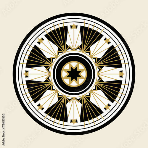 Flat geometric mandala pattern made of concentric circles, polygons, and radiating lines