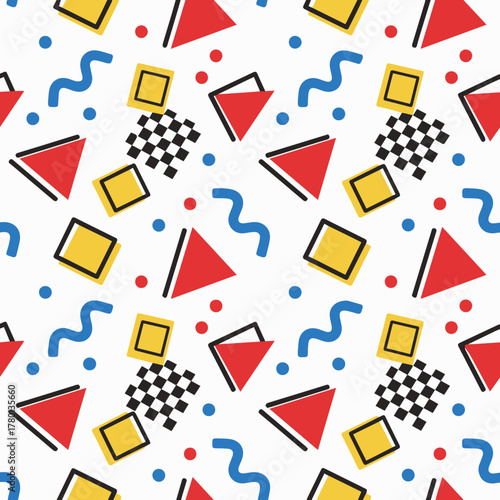 Seamless flat vector geometric pattern in 80s Memphis style — squiggles, triangles, and grids 