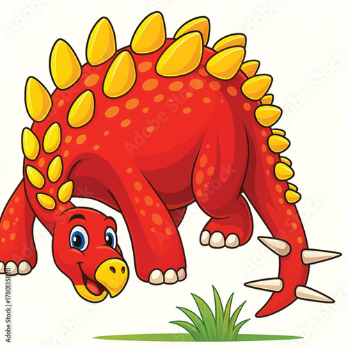 Happy Cartoon Ankylosaurus Stegosaurus Dinosaur Character With Spikes and Plates in Red and Yellow Isolated on White Background, Cute Vector Illustration for Kids.