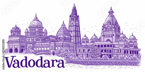 Vadodara Skyline Sketch with Cultural Heritage Landmarks – Laxmi Vilas Palace, Sayaji Garden, Kirti Mandir, Nyay Mandir – Artistic Cityscape for Gujarat Tourism Poster & Travel Branding