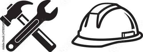 Black and White Construction Tools and Safety Helmet Icons