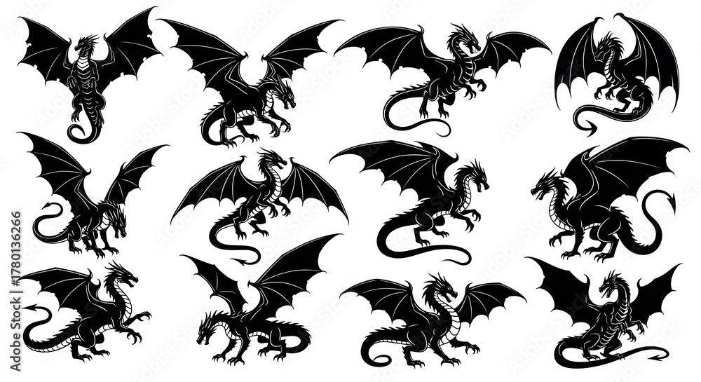 Obraz premium Set of Flying and Roaring Dragon Silhouette Designs – Black Mythical Creature Vector Collection for Tattoo, Logo, Fantasy Illustration, and Graphic Design Isolated on White Background 
