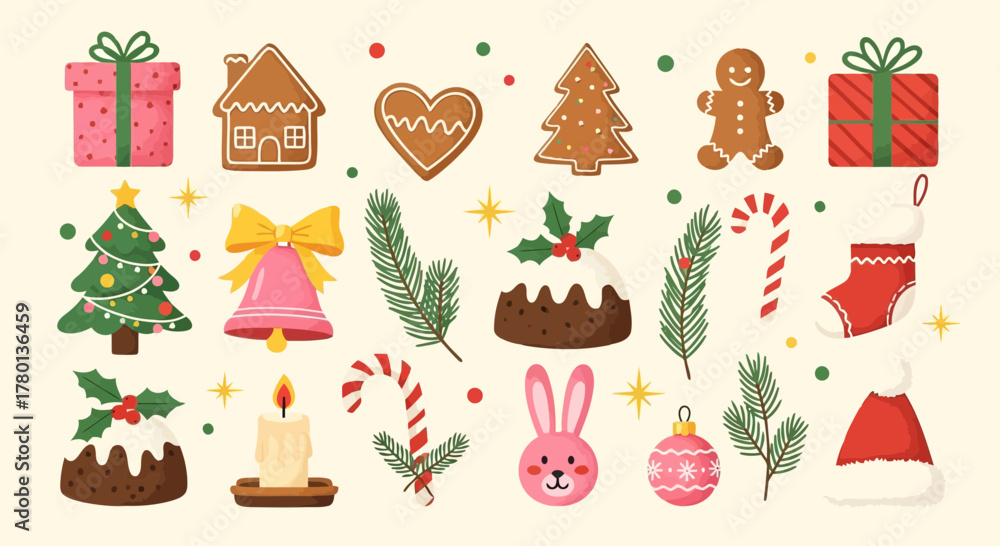 Fototapeta premium A collection of festive christmas icons including gingerbread cookies, gifts, christmas trees, candles, and ornaments, perfect for holiday designs and decorations