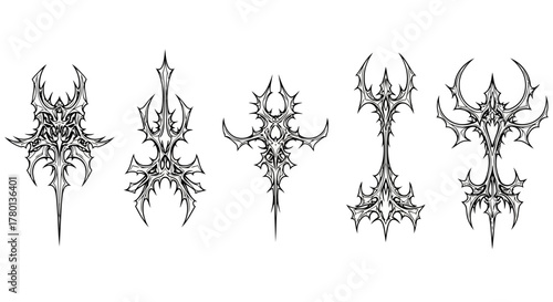 A collection of five gothic, abstract, and sharpedged symbols