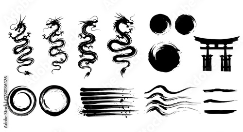 A collection of japaneseinspired ink brush strokes, dragons, and torii gate