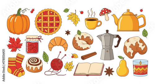 A vibrant collection of autumnthemed food and cozy items