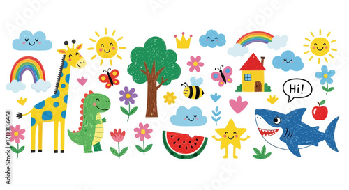 Cute cartoon animals, sun, clouds, rainbow, tree, and flowers in a playful, colorful illustration