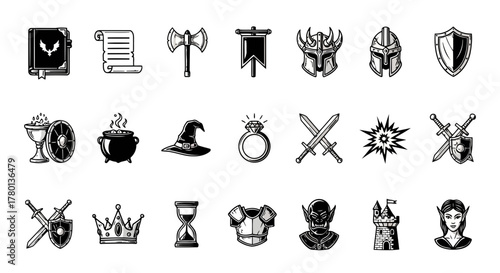 Fantasy and medieval icons set including sword, shield, armor, helmet, axe, potion, book, scroll, ring, crown, and castle