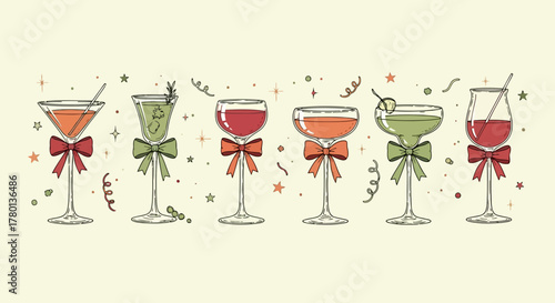 Assortment of six festive cocktail glasses decorated with colorful bows and confetti, isolated on a light background