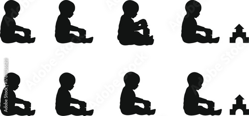 Child silhouette playing, building blocks, developmental stages, early learning, motor skills, cognitive growth, educational illustration, black vector icons, play sequence