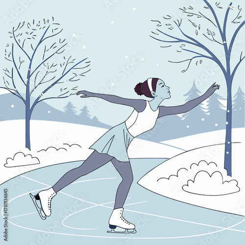 A figure skater gracefully glides on ice in a winter wonderland scene