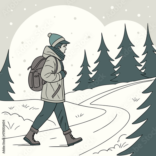 A person hiking through a snowy forest on a winter day illustration