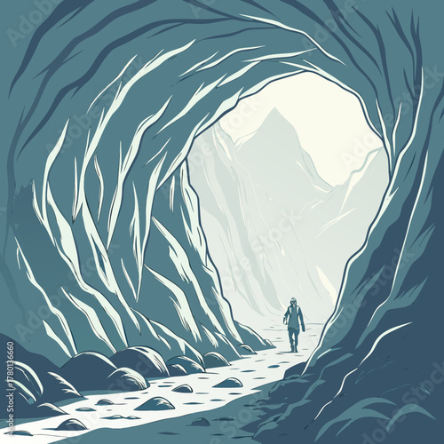 A lone figure walking through an icy cave towards a mountain view ahead