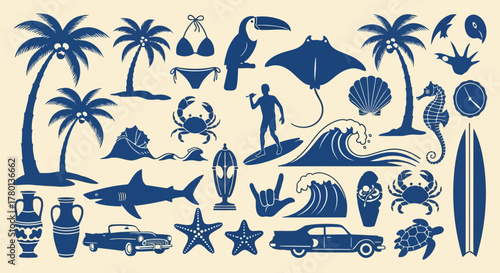 Collection of blue silhouette illustrations related to beach, surfing, and tropical vacation, isolated on a light background