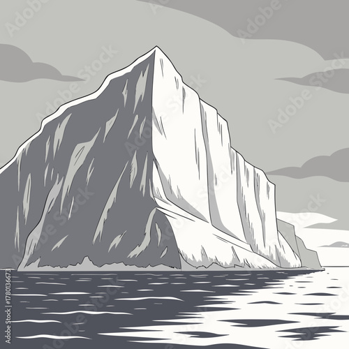 A massive iceberg floating in the ocean under a cloudy sky landscape