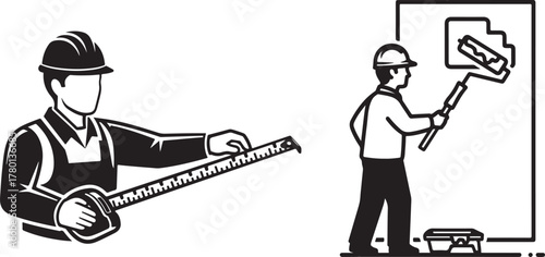 Monochrome Vector Icons of Construction Worker and House Painter