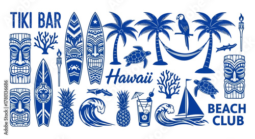 Tropical hawaii beach club theme with tiki bar, surfboards, palm trees, waves, pineapples, cocktails, turtles, hammock, sailboat, and coral, in blue and white