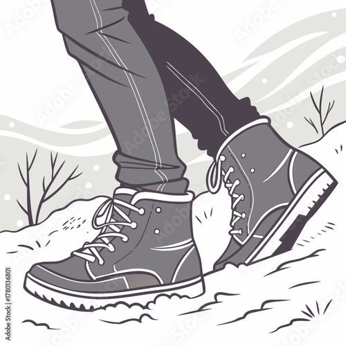 Hiking boots on snowy ground with winter landscape in the background