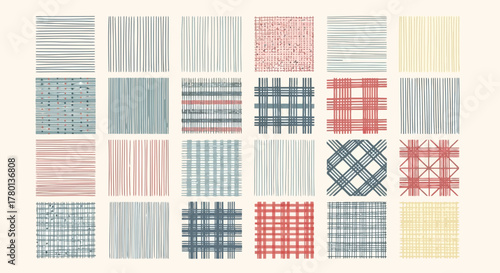 A collection of twentyfive square swatches showcasing various fabric textures and patterns, including stripes, checks, and crosshatch designs in muted tones of red, blue, and yellow