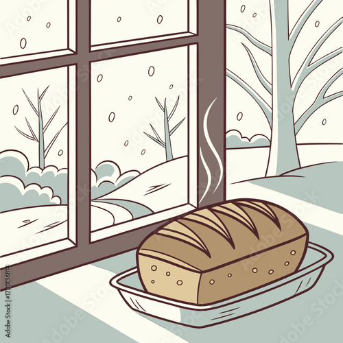 Freshly baked bread on windowsill with snowy winter scene outside the window