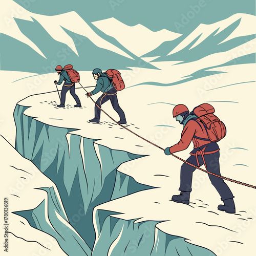 Mountaineers traverse a crevasse in a snowy mountain range, connected by rope
