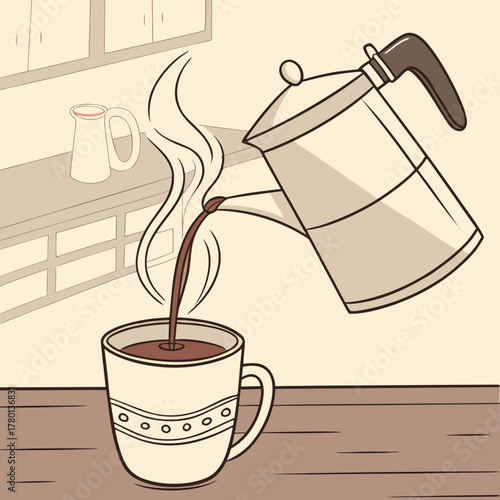 Pouring coffee from a moka pot into a cup