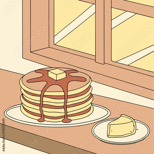 Stack of pancakes with butter and syrup on a plate by the window