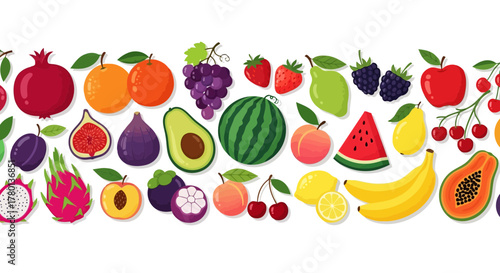 Vibrant and colorful seamless border pattern of fresh fruits, including apples, bananas, oranges, watermelon, strawberries, grapes, and exotic fruits