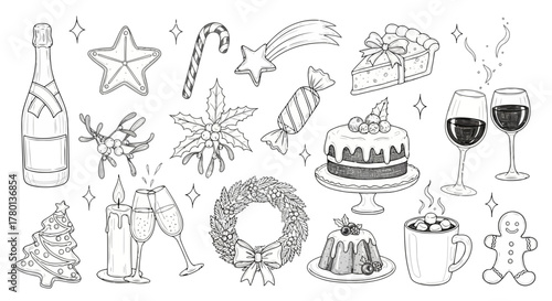 Festive handdrawn christmas elements including food, drinks, decorations, and symbols of the holiday season, sketched on a