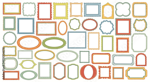 Collection of decorative picture frames in various shapes and colors
