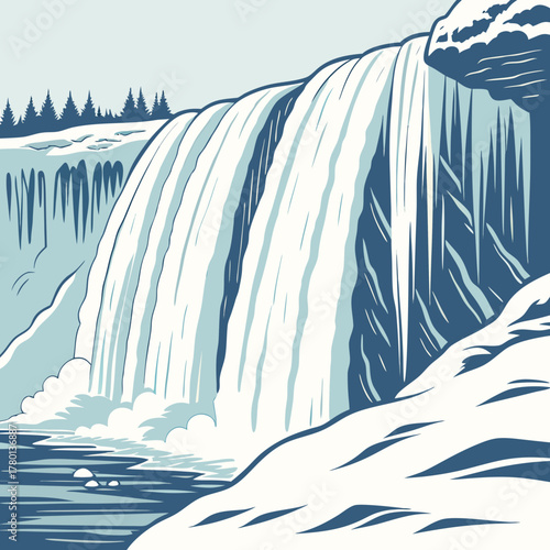 A beautiful waterfall cascading down a rocky cliff covered in snow and ice