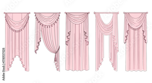 Collection of five elegant pink draped curtains with tassels, showcasing various styles of window treatments