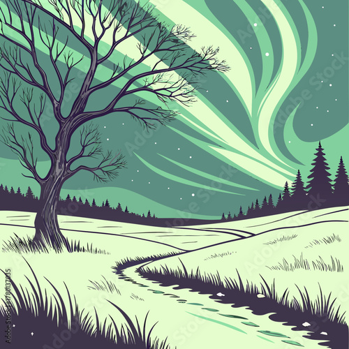A winter landscape with a winding path and the aurora borealis above