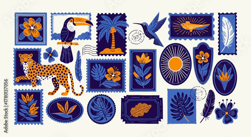 Tropical postage stamp collection featuring a leopard, toucan, hummingbird, palm trees, exotic flowers, and feathers in vibrant blue and orange hues