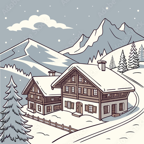 Cozy winter chalet scene with snowcovered mountains and pine trees landscape
