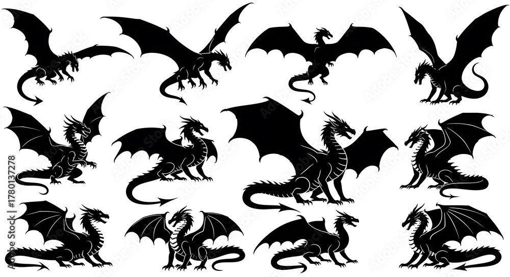 Fototapeta premium Set of Flying and Roaring Dragon Silhouette Designs – Black Mythical Creature Vector Collection for Tattoo, Logo, Fantasy Illustration, and Graphic Design Isolated on White Background