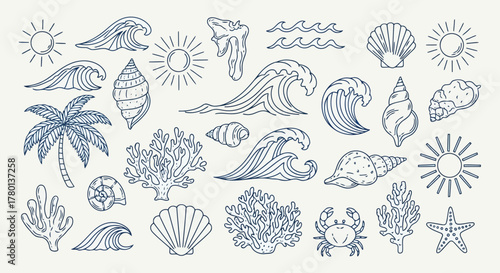 Handdrawn collection of marine life and ocean elements, including waves, seashells, coral, palm tree, crab, starfish, and sun, in a blue outline style