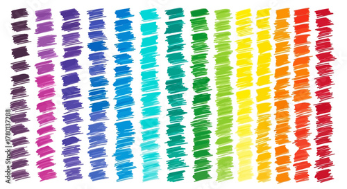 Diagonal rows of colorful scribbled marker swatches in rainbow order